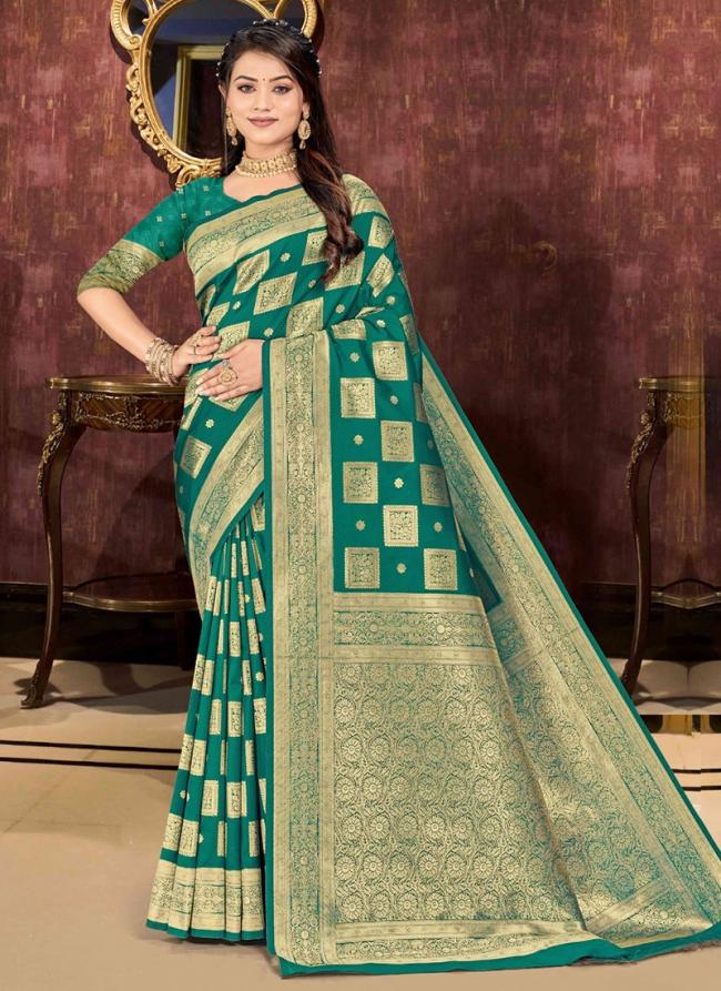 Banarasi Silk Teal Green Wedding Wear Zari Work Saree